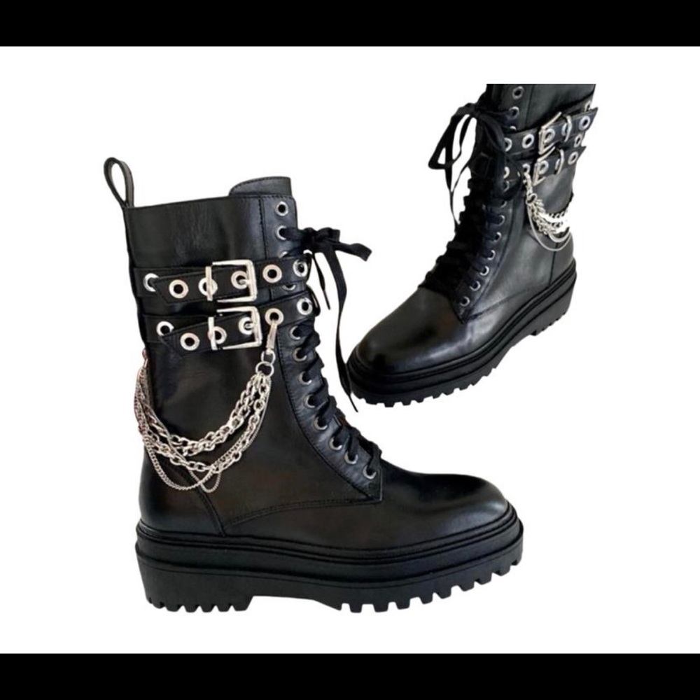 Zara Chain Trim Leather Lug Ankle Boots 40 9 New